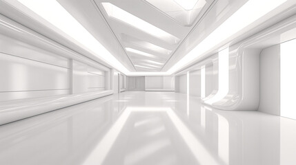 Empty Long Light Corridor. Modern white background