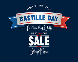 Holiday design, background with handwriting texts and national flag colors for Bastille day, sales and commercial events; Vector illustration.