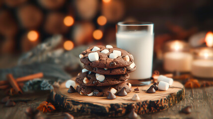 Chocolate chip and marshmallow dark chocolate cookies served with milk