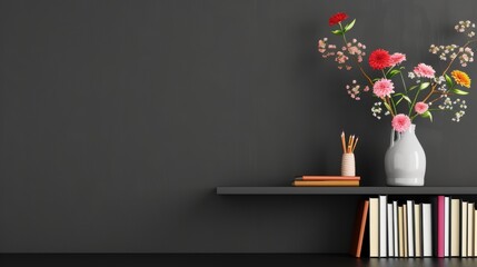 A black bookshelf in a minimalistic setting, featuring clean lines and a modern look. The background offers extensive copy space for adding text or visuals.