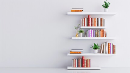 A minimalist white bookshelf against a clean white wall, with books neatly arranged and plenty of empty space for adding text or graphics. The image conveys a sense of simplicity and organization.