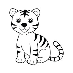 Cartoon funny little tiger sitting line art vector