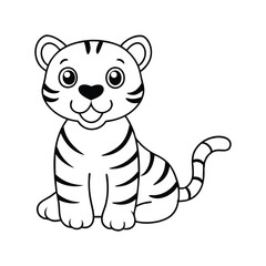 Cartoon funny little tiger sitting line art vector