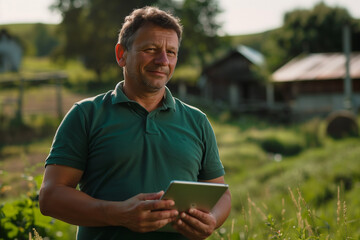 Fototapeta premium Garden enginer with a tablet checkig the garden