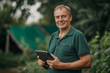 Fototapeta premium Garden enginer with a tablet checkig the garden