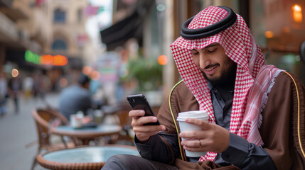 saudi man sitting while drinking coffee and browsing his phone