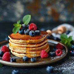 Homemade pancakes topped with fresh blueberries, raspberries, and a drizzle of honey. A delicious and inviting breakfast scene. Free copy space for text.