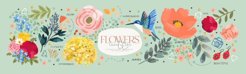 Flowers and floral print. Vector cute illustration of peony, leaves, rose, hummingbird, hydrangea and plants for greeting card, wedding invitation, background, pattern or poster © Ardea-studio