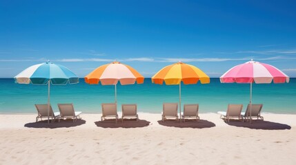 Wide, sandy beach under a high noon sun, beach umbrellas creating splashes of color against the bright, white sand