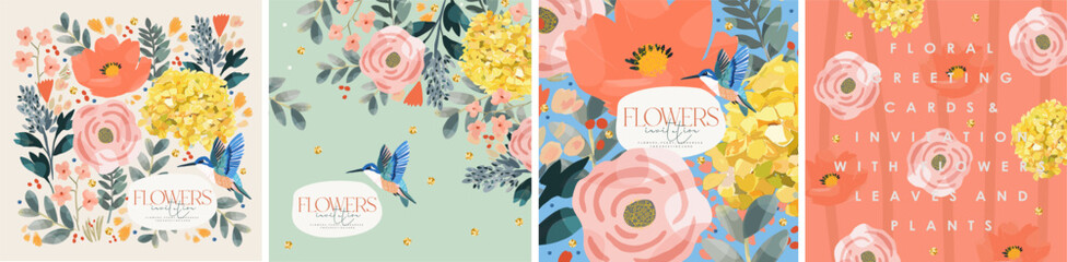 Flowers and floral print. Vector cute illustration of peony, leaves, rose, hummingbird, hydrangea and plants for greeting card, wedding invitation, background, pattern or poster © Ardea-studio