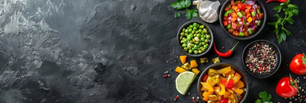 Horizontal banner. Celebration of Bolivia Independence Day. traditional food of Bolivia, festive dishes on the table, dark background. Free space for text