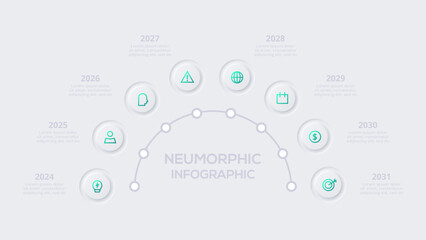 Neumorphic flowchart infographic. Creative concept for infographic with 8 options. Template for presentation and chart.