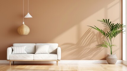 A modern apartment living room in earthy brown hues, featuring minimalist design elements and plenty of copy space for customization. The image is perfect for projects that require a contemporary and