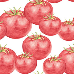 Tomato Watercolor Seamless Pattern on a white background. Can be used for kitchen textile prints, product packaging design.