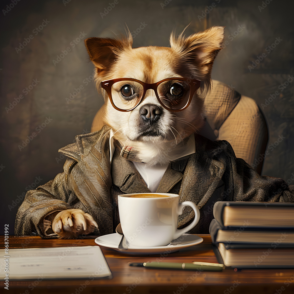 Sticker funny abstract portrait of a cute little dog doing business like a man and studying with a cup of co