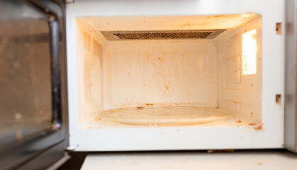 Open microwave. Dirt from food inside. Close-up