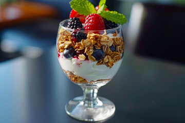 A glass of fruit and cereal with a blueberry and raspberry topping