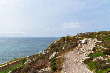 Le sentier côtier de la presqu'île de Crozon longe la mer d'Iroise, offrant une vue spectaculaire en Bretagne.