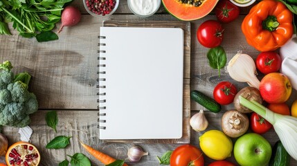 A blank page of a notebook with a pencil on the kitchen table. There are fresh vegetables and herbs around. A place for the text. A recipe book.