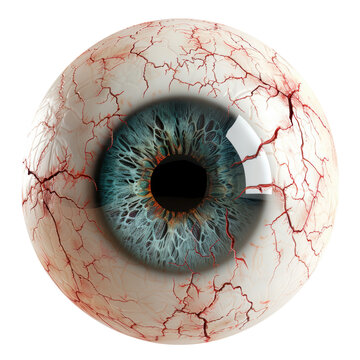 Detailed close-up of a human eyeball with intricate veins and a blue iris, isolated on a white background.