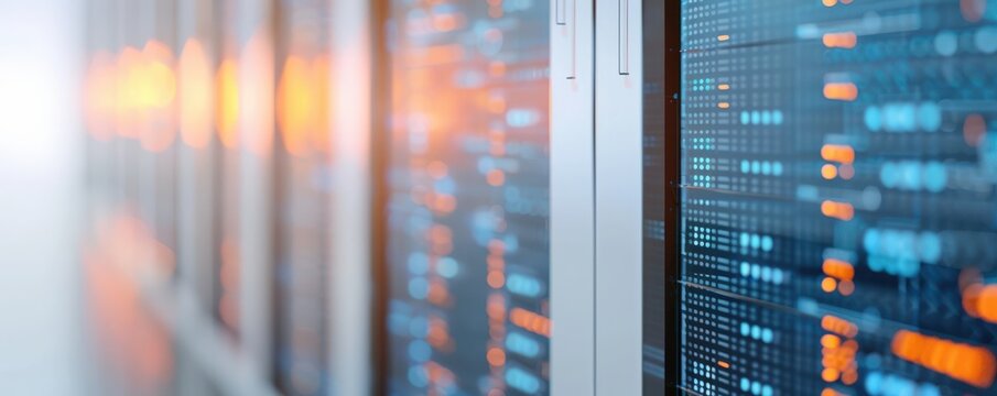 Blurred rows of data on a server rack.