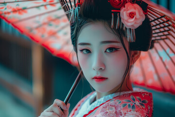 A woman wearing a traditional Japanese kimono and holding a red umbrella