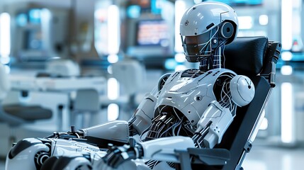 Fototapeta premium Humanoid robot android sitting in a chair in a sci-fi lab very detailed and realistic shape