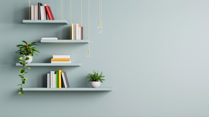 A modern gray bookshelf in a simple, uncluttered room, providing plenty of copy space around it.