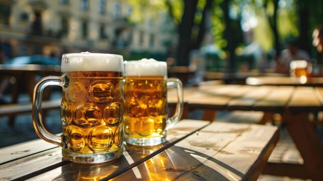 Two mugs of beer on a wooden table against the background of an outdoor cafe.An alcoholic drink at a party, vacation or birthday party.