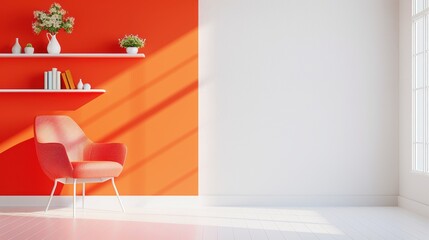 A minimalist interior with an eye-catching orange bookshelf, providing a clean and modern aesthetic. The design offers plenty of copy space for customization.