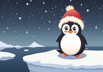 Cute Penguin with Red Hat on Ice Floe at Night