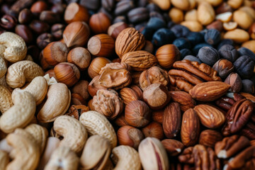A variety of nuts are spread out on a table