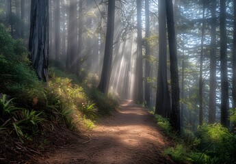 Fototapeta premium Forest Trail Sunbeams Through Fog Redwood