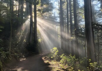 Obraz premium Sunbeams Through Redwood Forest Trail