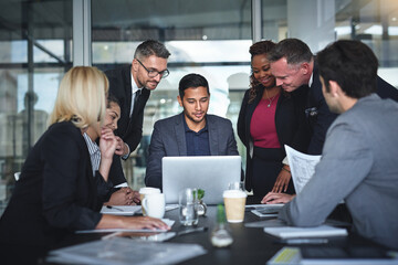 Business people, executive and laptop in meeting for teamwork, solution and collaboration in...