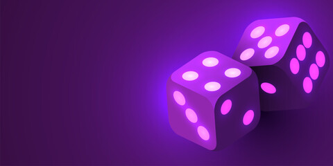 Realistic game neon dice. Casino gambling design template for app, web, advertising, mockup.. Vector illustration