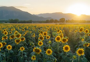Fototapeta premium Sunflowers Field Sunset Golden Glow Mountains
