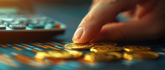 A closeup of a hand holding a gold coin and a calculator