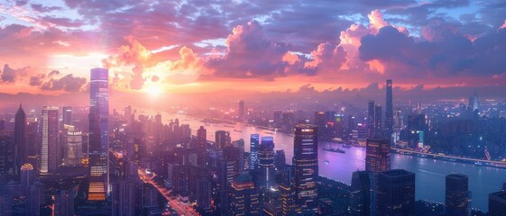 Fototapeta premium Modern cityscape at dusk with towering skyscrapers