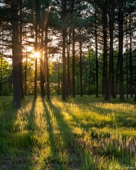 Obraz premium Sunset Sunbeams Through Pine Forest Clearing