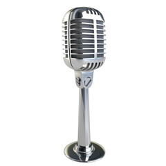 Fototapeta premium Vintage silver microphone with a stand, isolated on a white background. Perfect for music, podcast, and broadcasting themes.