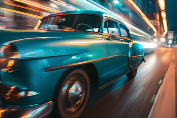 A blue car is driving down a street at night