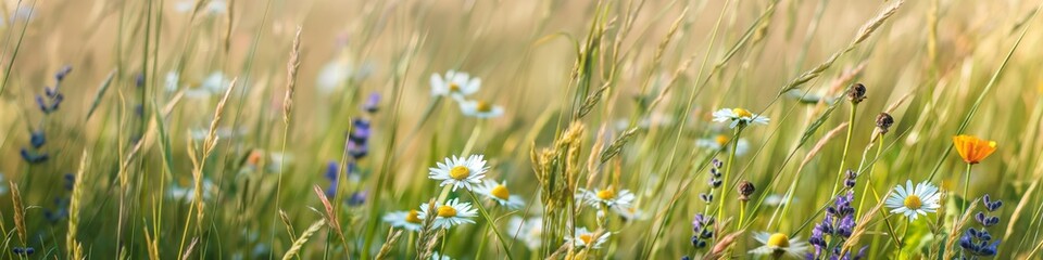 An idyllic meadow with blooming herbs and daisies captures the essence of summer's floral beauty.