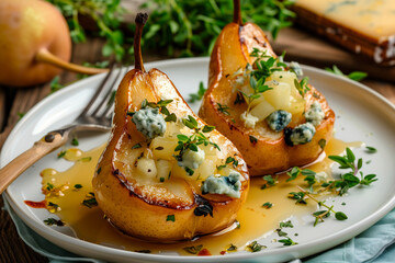 honey glazed baked pear with blue cheese on the top