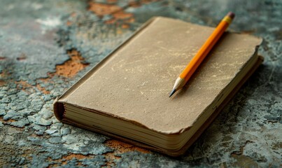 Blank notebook with a pencil on a textured concrete table, industrial office style,