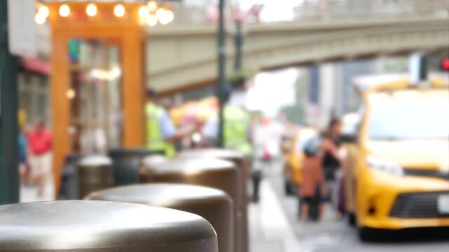 New York City Grand Central Terminal railway station, 42 street. Manhattan Midtown. Yellow taxi cab row, car transport, Pershing Square bridge, USA. American road traffic, people, telephone box kiosk.