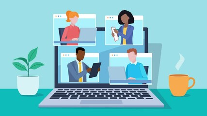 A desk with a laptop on it. Tiles with images of employees during a meeting appear on the laptop screen. Fleet-style animation of an online employee meeting.