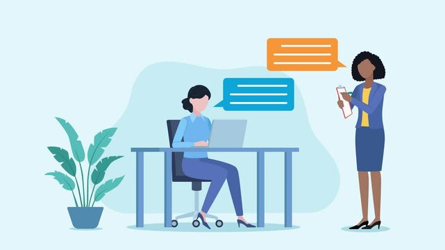 Conversation between female employees in the office. Conversation clouds appear next to the characters. A woman sits at a desk and writes on a laptop. The figure stands and takes notes.