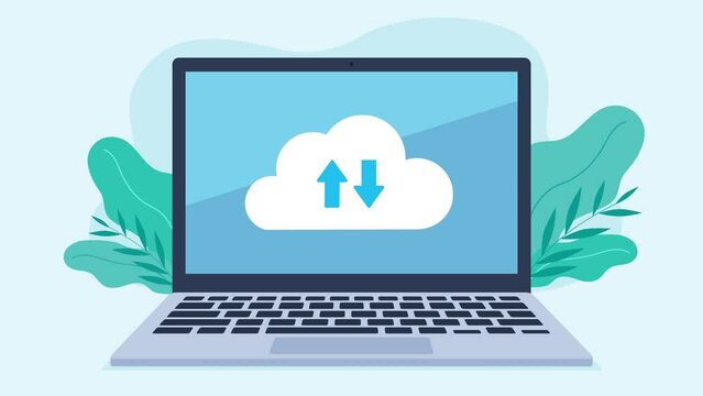 Modern laptop with data transfer cloud. The cloud on the laptop screen has a down and up arrow. Cloud data storage. Animation in flat design style.