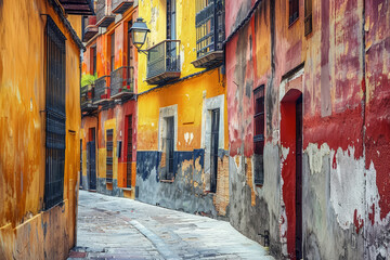 Fototapeta premium A narrow alleyway with a red door on the right